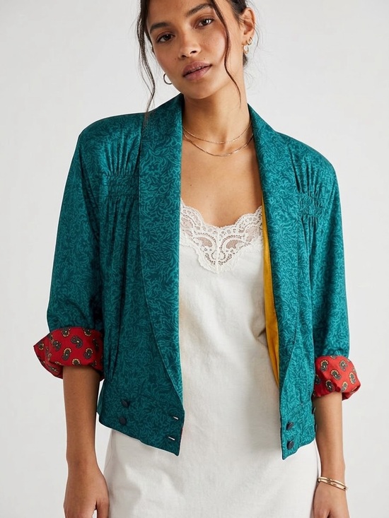 Platinum By Dorothy Schoelen Jackets & Blazers - Vintage 80s Platinum by Dorothy Schoelen 100% Silk Teal Jacquard Crop Jacket S